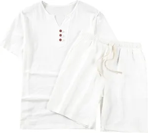 Men's Cotton Linen Plus Size Summer Tracksuits Sets 2 Piece Comfy Fitted Short Sleeve Henley Shirts and Shorts Beach