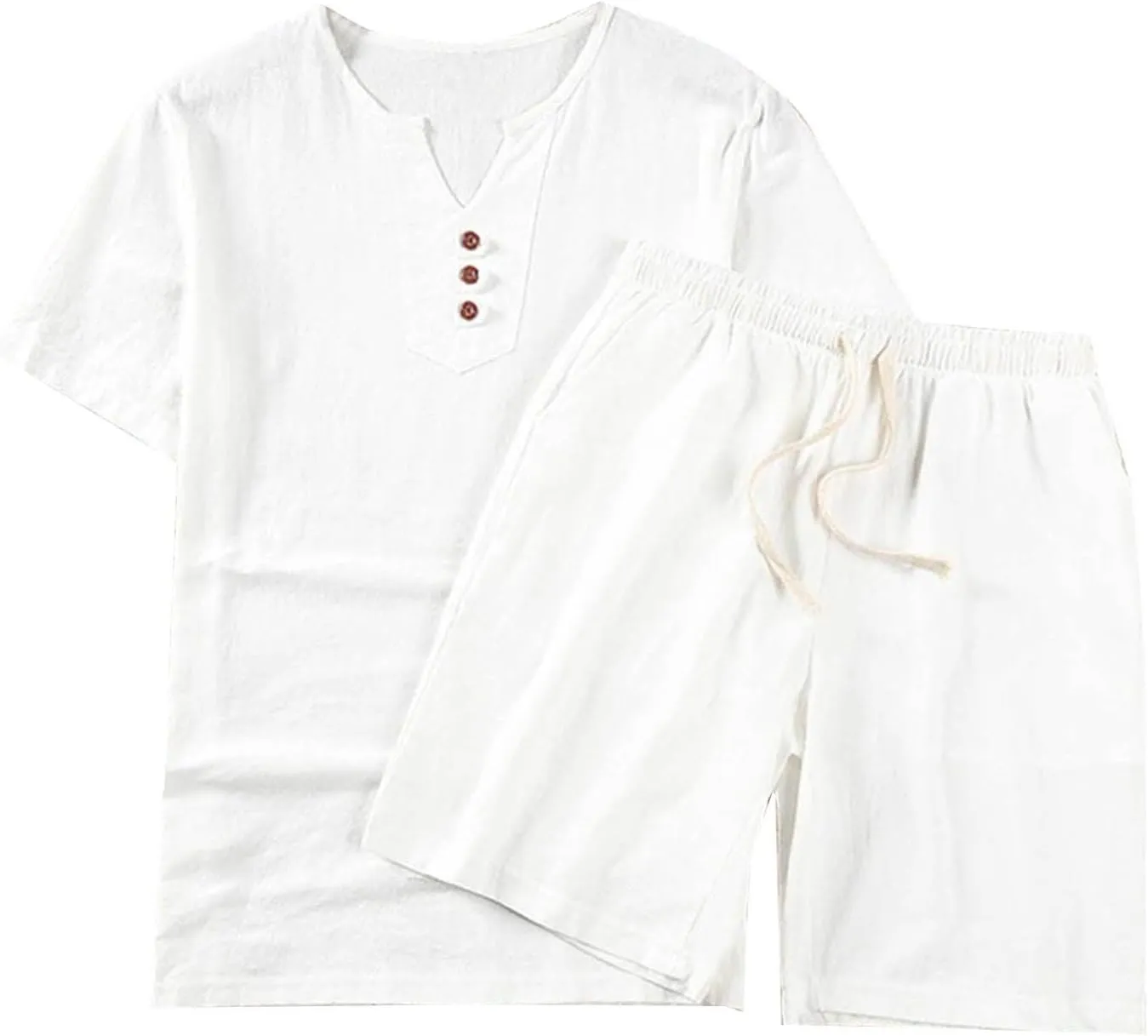 Men's Cotton Linen Plus Size Summer Tracksuits Sets 2 Piece Comfy Fitted Short Sleeve Henley Shirts and Shorts Beach