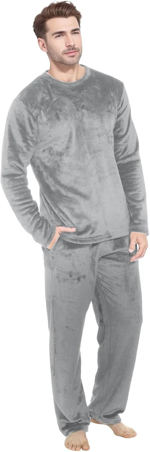 Mens Flannel Pajamas 2 Piece Outfit Sleepwear Winter Warm Cozy Fluffy Pjs Long Sleeve Tops Lounge Pants Lounge Set