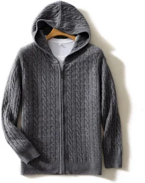 Men's Full Zip Hooded Sweatshirt Sweater, 100% Cashmere Zip Pullover Hoodie, Sports Zip Hooded Cardigan (Color : Gris, Size : Large)