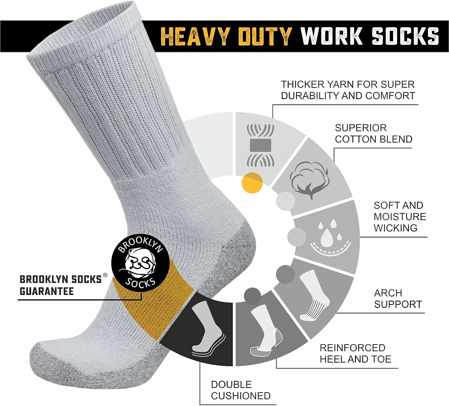 Mens Heavy Duty Steel Toe Work Cotton Socks, Thick Triple Cushioned Crew Socks