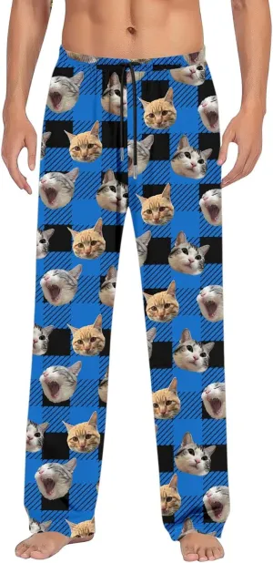 Mens Pajama Pants Plaid Pajama Pants Funny Cat Print Pajamas Pj Baggy Drawstring Sleep Lounge Bottoms with Pockets