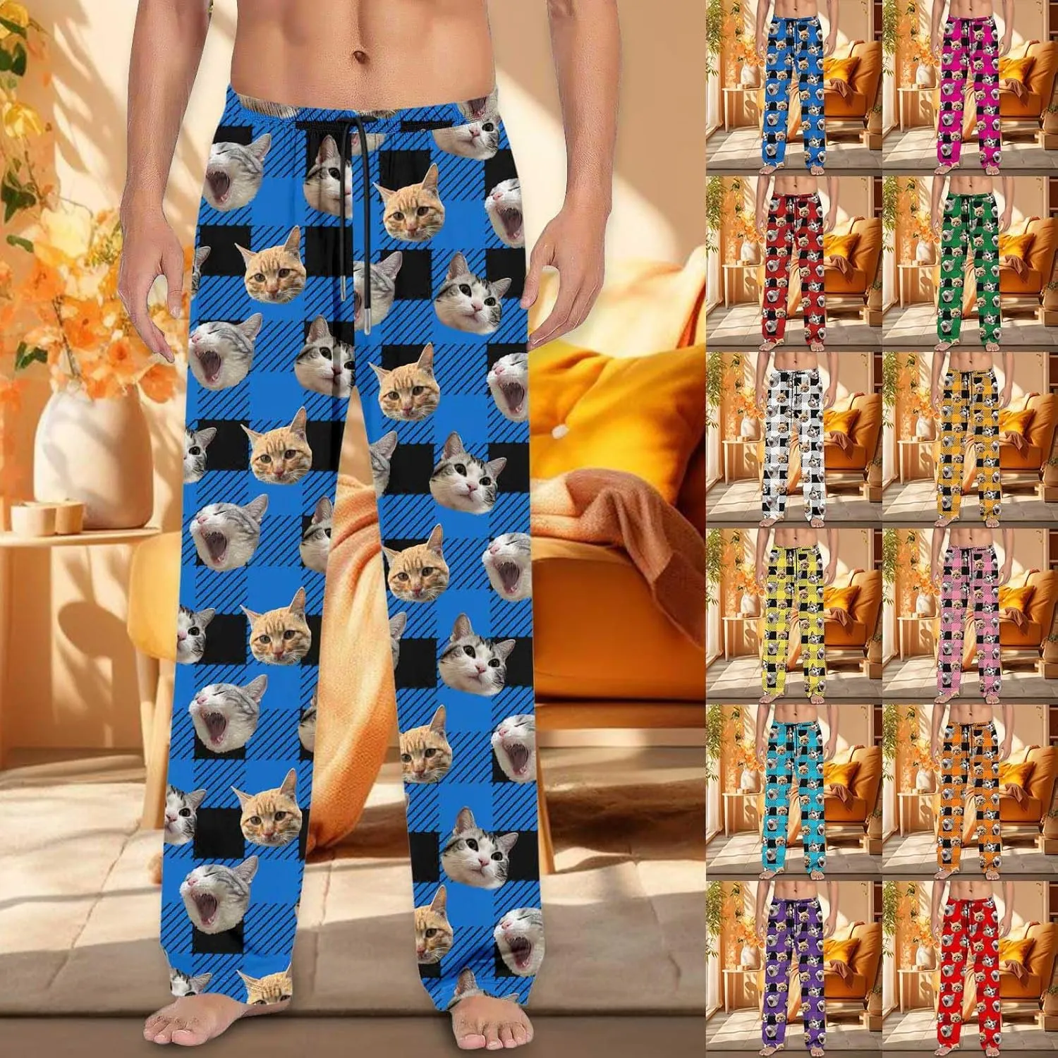 Mens Pajama Pants Plaid Pajama Pants Funny Cat Print Pajamas Pj Baggy Drawstring Sleep Lounge Bottoms with Pockets