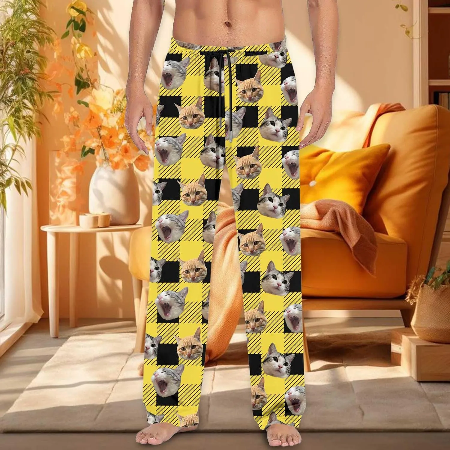 Mens Pajama Pants Plaid Pajama Pants Funny Cat Print Pajamas Pj Baggy Drawstring Sleep Lounge Bottoms with Pockets