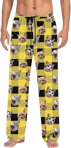 Mens Pajama Pants Plaid Pajama Pants Funny Cat Print Pajamas Pj Baggy Drawstring Sleep Lounge Bottoms with Pockets