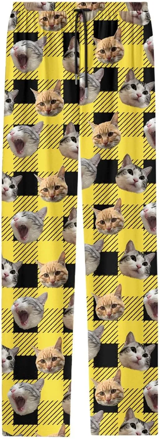 Mens Pajama Pants Plaid Pajama Pants Funny Cat Print Pajamas Pj Baggy Drawstring Sleep Lounge Bottoms with Pockets
