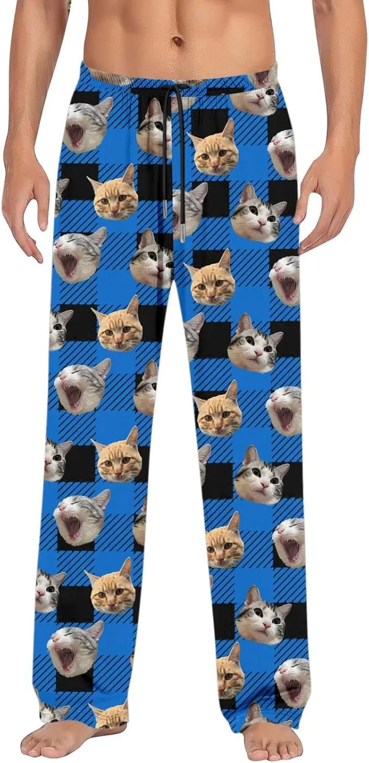 Mens Pajama Pants Plaid Pajama Pants Funny Cat Print Pajamas Pj Baggy Drawstring Sleep Lounge Bottoms with Pockets
