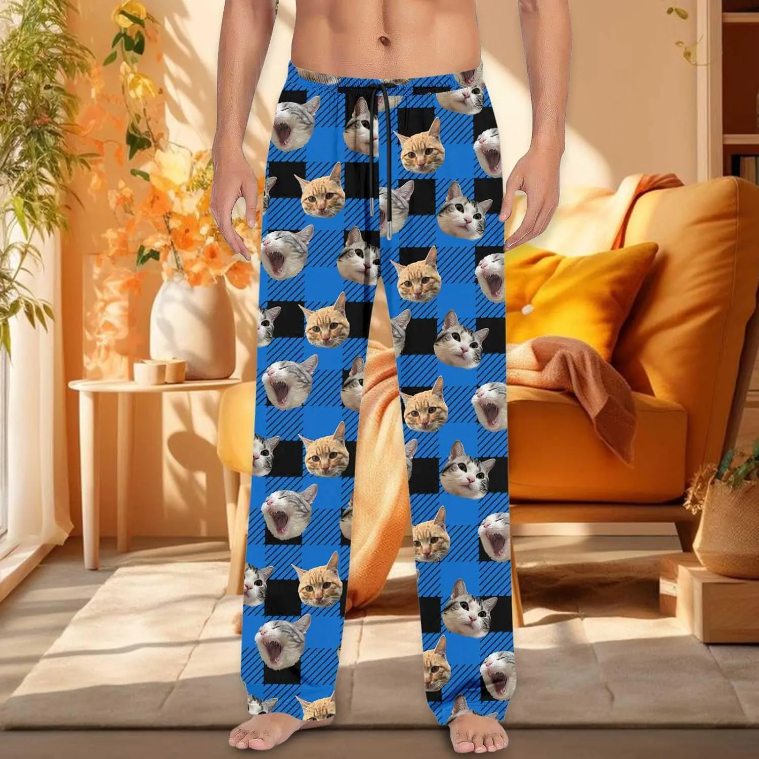 Mens Pajama Pants Plaid Pajama Pants Funny Cat Print Pajamas Pj Baggy Drawstring Sleep Lounge Bottoms with Pockets