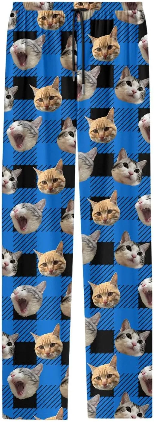 Mens Pajama Pants Plaid Pajama Pants Funny Cat Print Pajamas Pj Baggy Drawstring Sleep Lounge Bottoms with Pockets