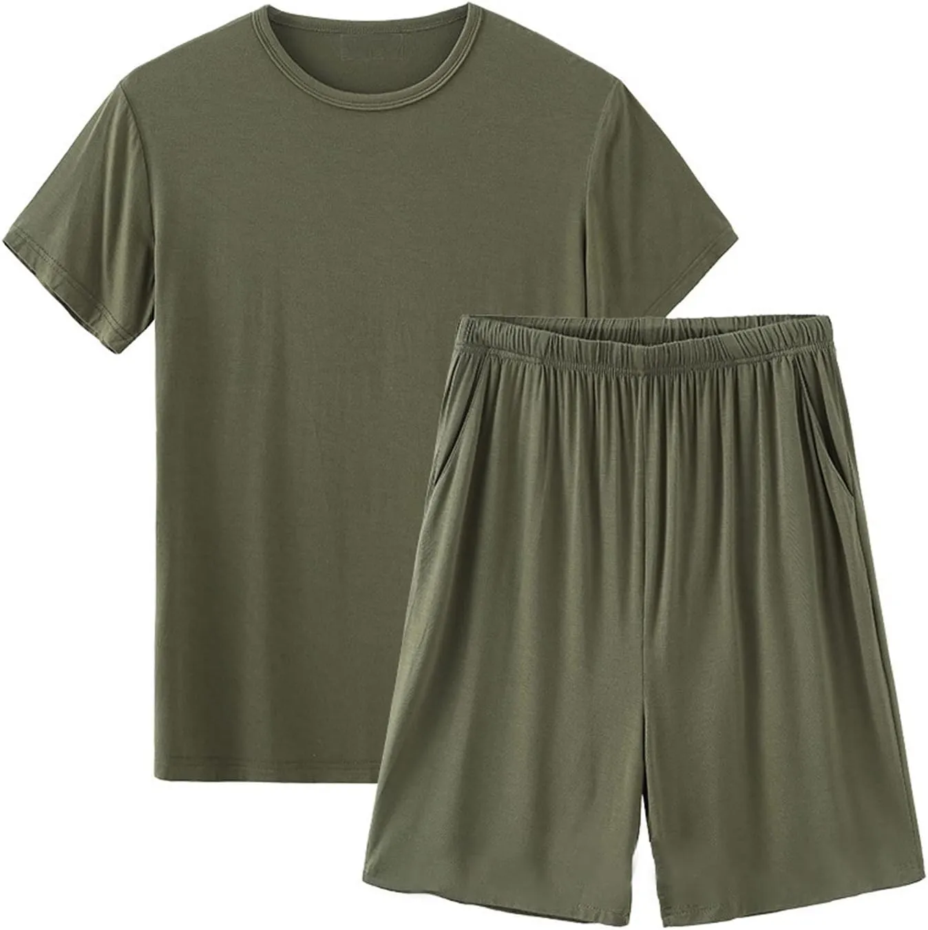 Men's Pajama Set Summer Short Sleeve Nightwear Shorts with Pockets Round Neck Lounge Wear Jogger Sleep Set