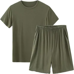 Men's Pajama Set Summer Short Sleeve Nightwear Shorts with Pockets Round Neck Lounge Wear Jogger Sleep Set