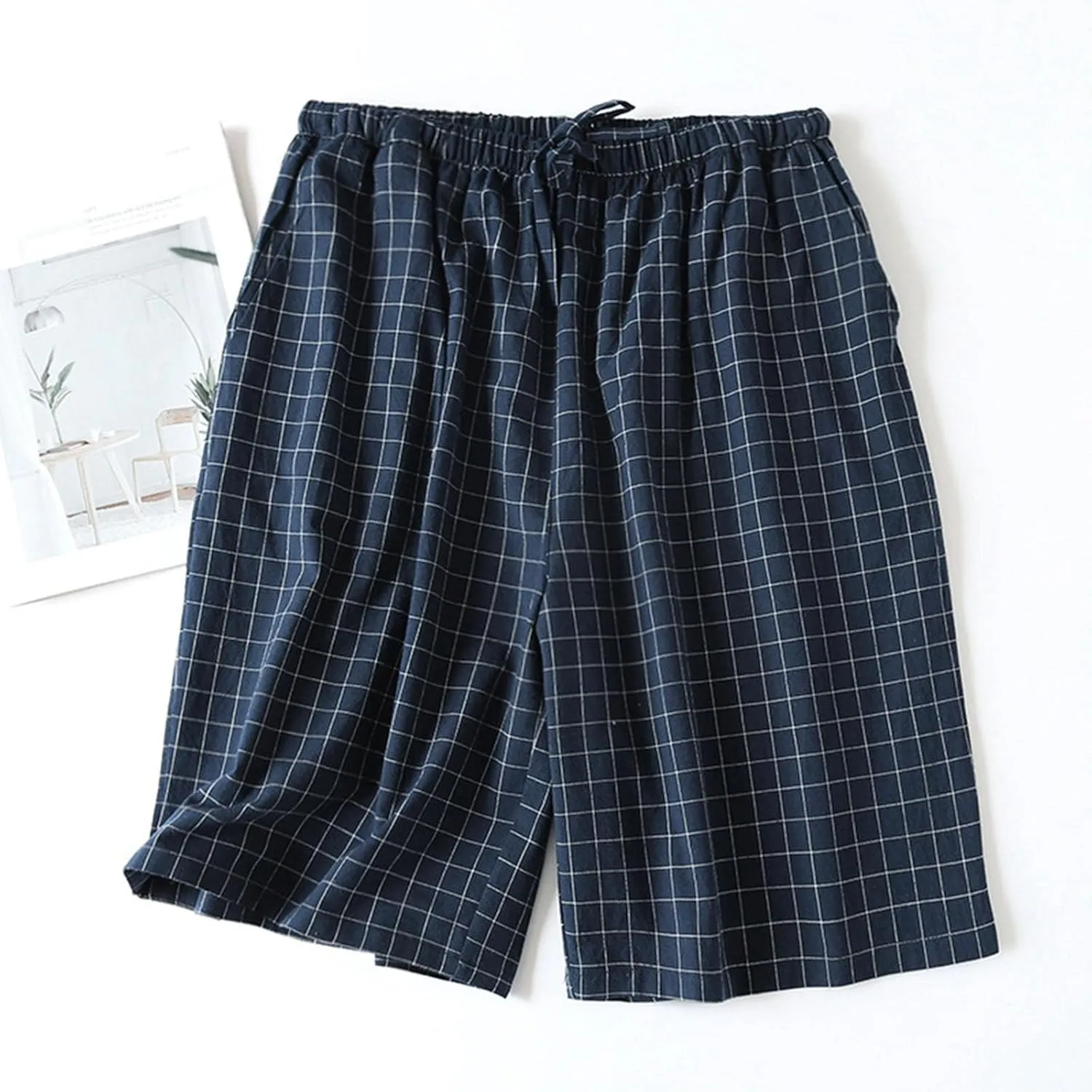 Mens Pajamas Shorts Lounge Plaid Gingham Elastic Waisted Sleepwear Loose Drawstring Comfortable Pjs Loungewear