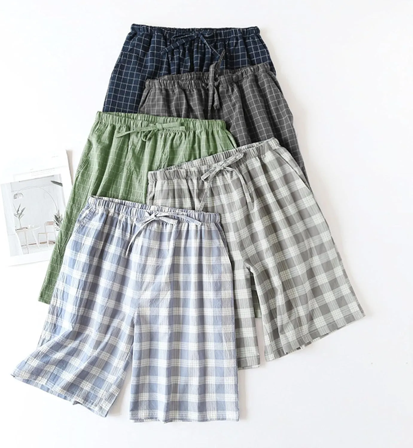 Mens Pajamas Shorts Lounge Plaid Gingham Elastic Waisted Sleepwear Loose Drawstring Comfortable Pjs Loungewear