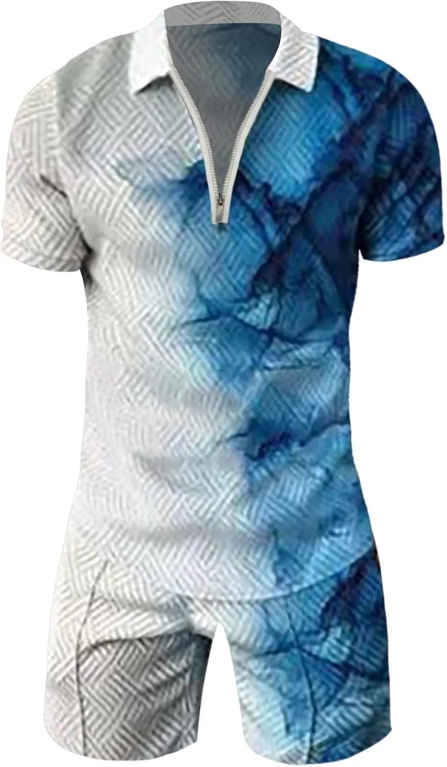 Mens Short Sets 2 Piece Outfits Gradient Zipper Polo Shirt And Shorts Set Casual Beach Summer Beach Sport Suit