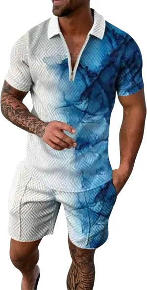 Mens Short Sets 2 Piece Outfits Gradient Zipper Polo Shirt And Shorts Set Casual Beach Summer Beach Sport Suit