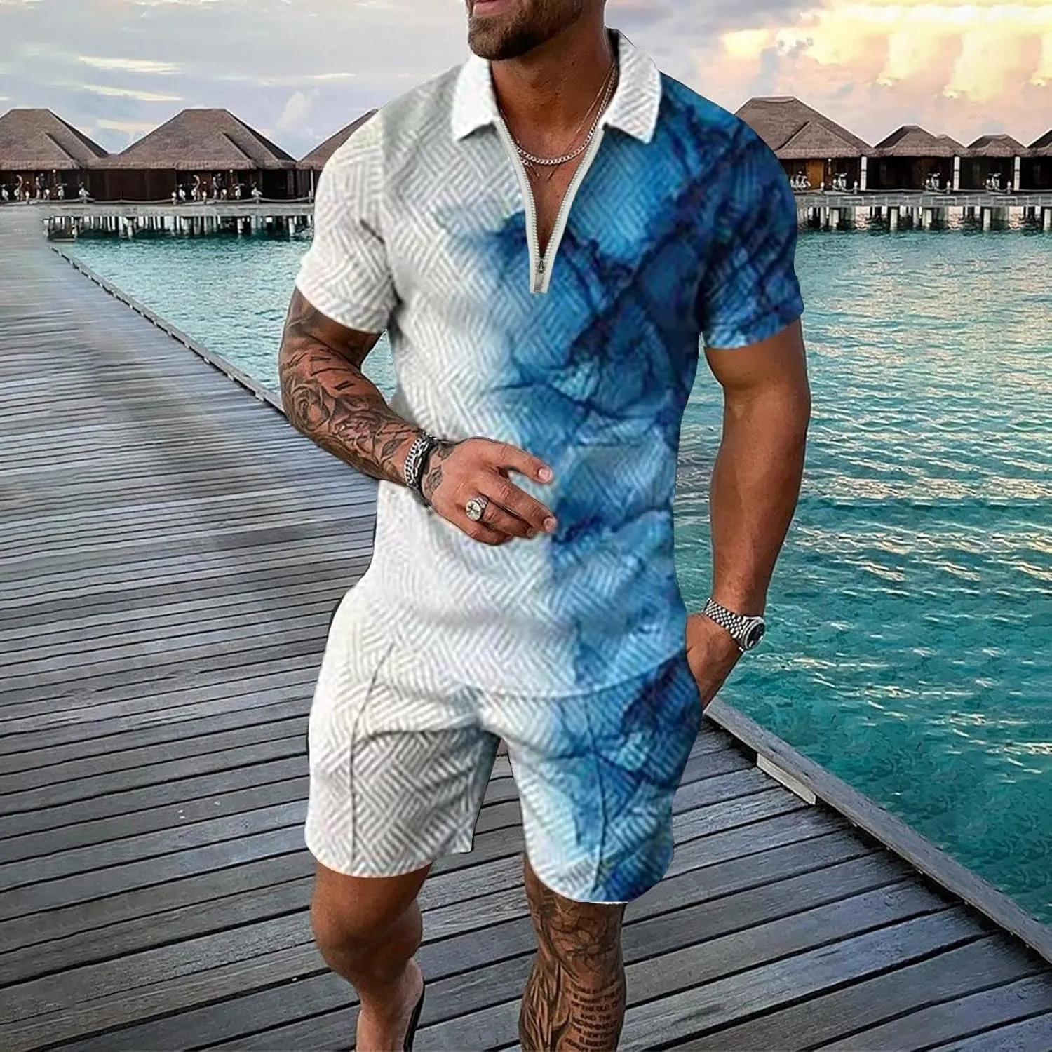 Mens Short Sets 2 Piece Outfits Gradient Zipper Polo Shirt And Shorts Set Casual Beach Summer Beach Sport Suit