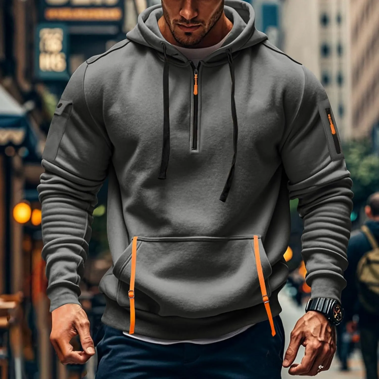 Mens Tactical Hoodie Plus Size Vintage Quarter Zip Pullover Comfy Oversized Military Tactical Shirt with Pockets