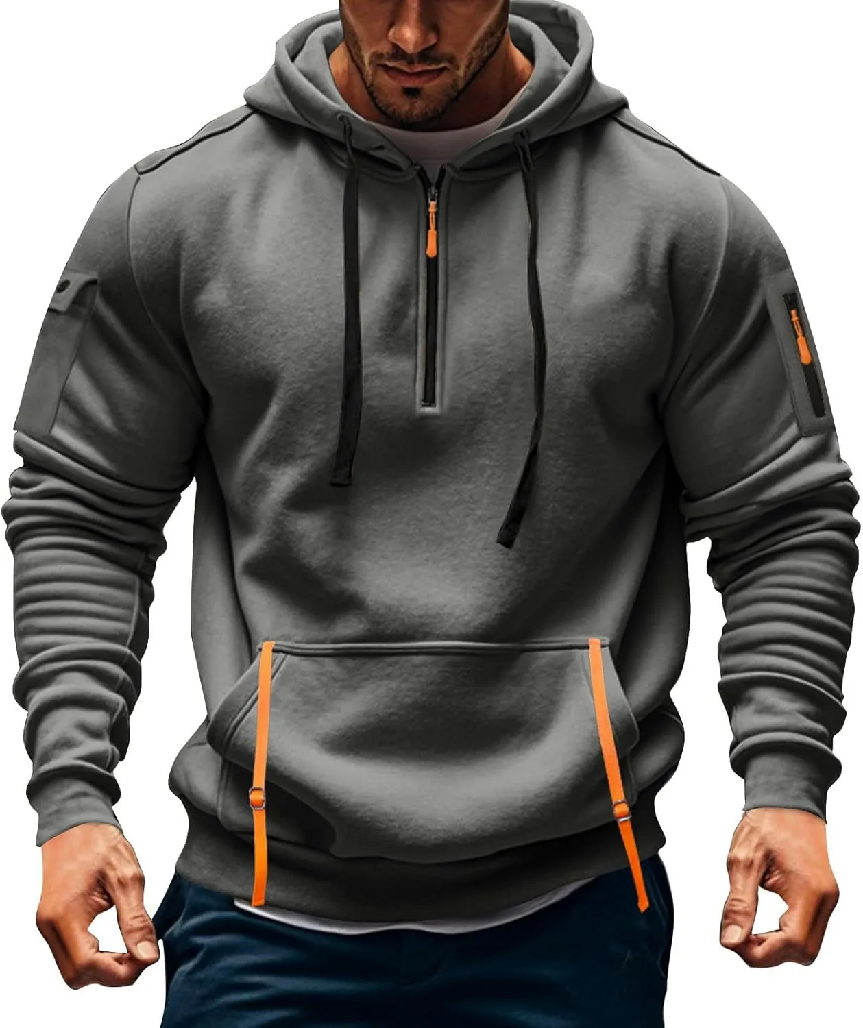 Mens Tactical Hoodie Plus Size Vintage Quarter Zip Pullover Comfy Oversized Military Tactical Shirt with Pockets