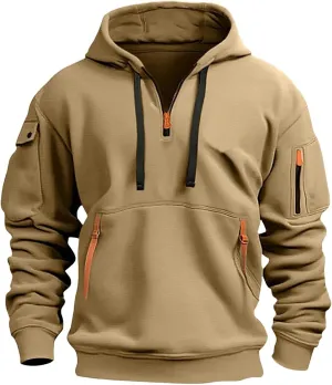 Mens Tactical Hoodie Plus Size Vintage Quarter Zip Pullover Comfy Oversized Military Tactical Shirt with Pockets