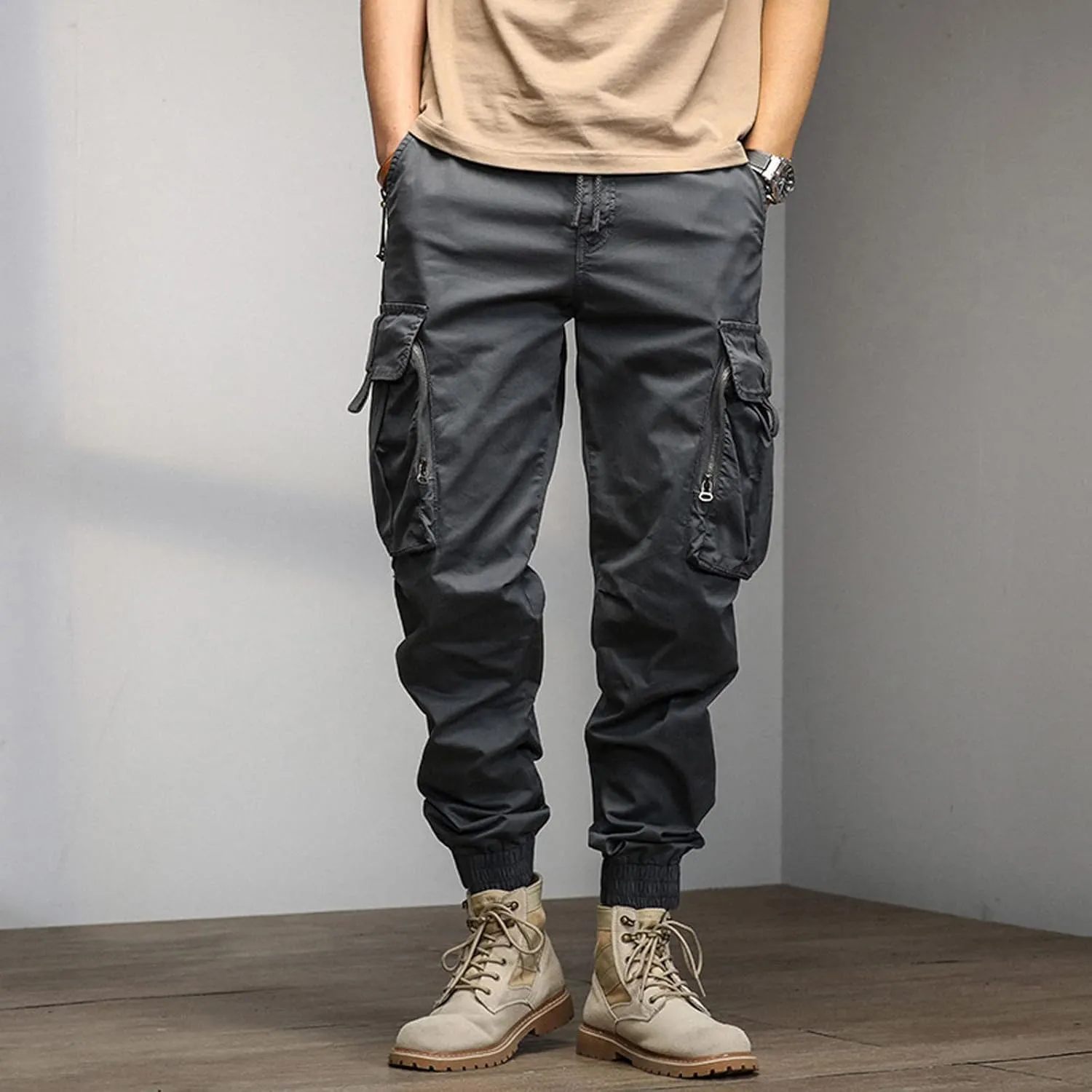 Mens Workout Cargo Sweatpants Joggers with Pockets Men's Solid Fleece Heavyweight Cargo Pants Men's Slim Jogger Pants