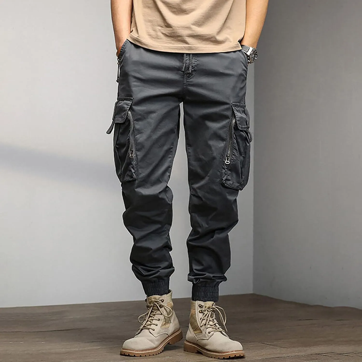 Mens Workout Cargo Sweatpants Joggers with Pockets Men's Solid Fleece Heavyweight Cargo Pants Men's Slim Jogger Pants