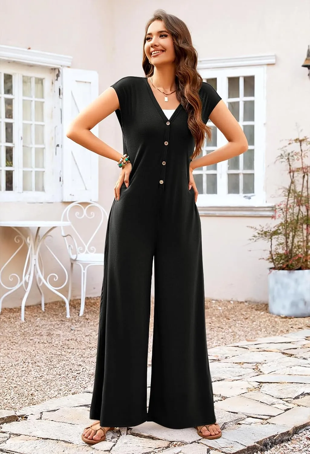 MEROKEETY Women's 2025 Summer Cap Sleeve Jumpsuits Deep V Neck Button Onesie Wide Leg Pants Rompers
