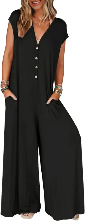 MEROKEETY Women's 2025 Summer Cap Sleeve Jumpsuits Deep V Neck Button Onesie Wide Leg Pants Rompers