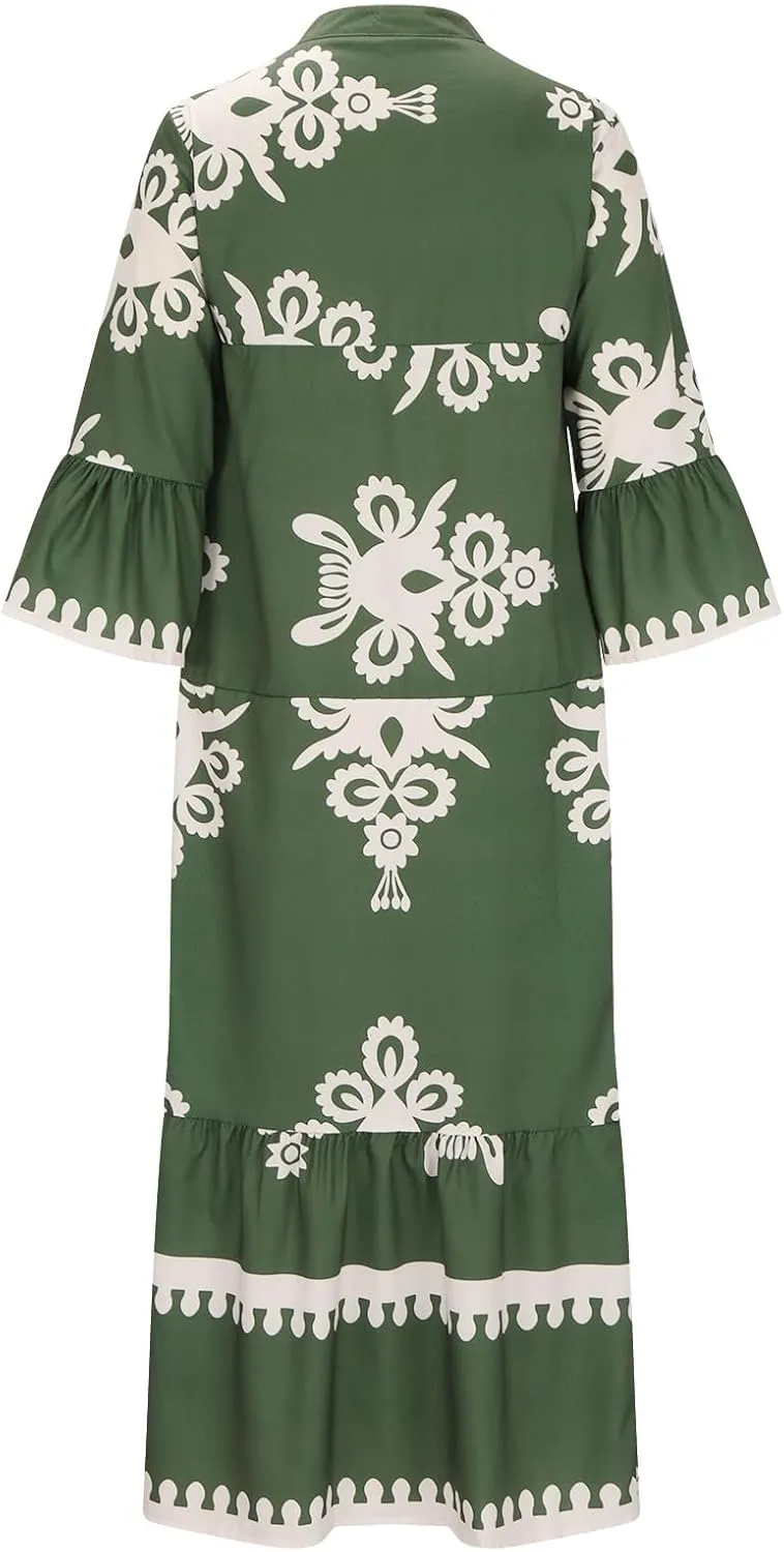 Moomoo Dresses for Women Boho Floral V Neck Kaftan Dress Loose Flared Sleeves Maxi Dress Summer Holiday Beach Caftans