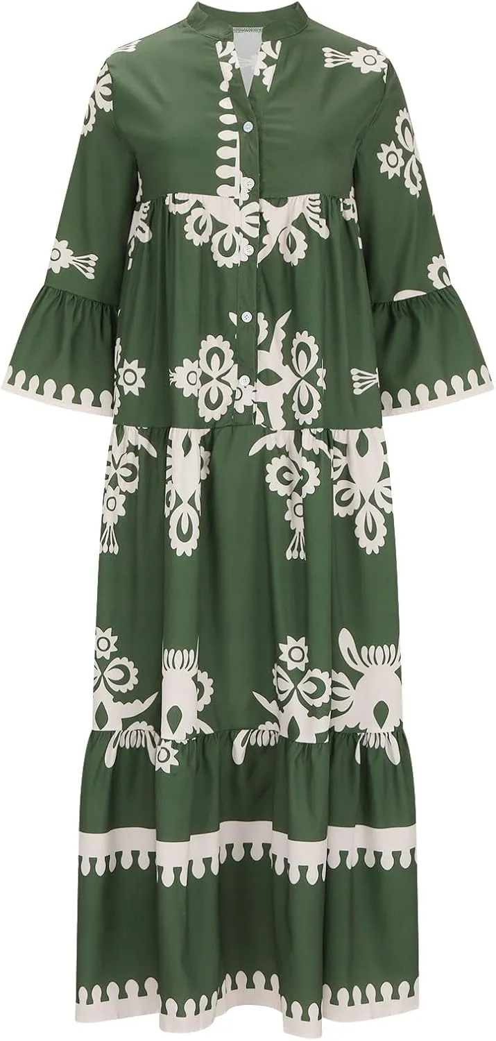 Moomoo Dresses for Women Boho Floral V Neck Kaftan Dress Loose Flared Sleeves Maxi Dress Summer Holiday Beach Caftans