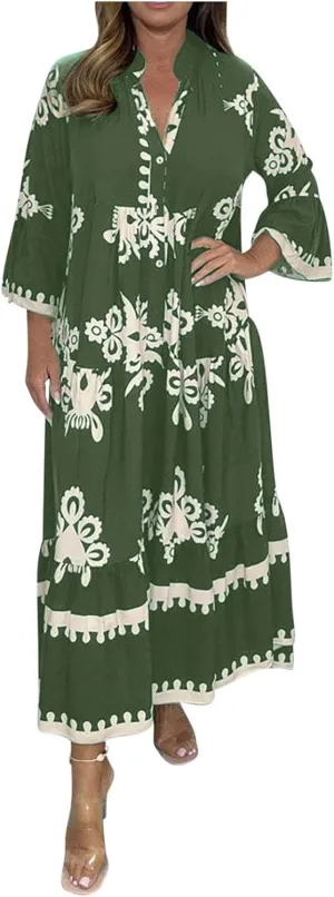 Moomoo Dresses for Women Boho Floral V Neck Kaftan Dress Loose Flared Sleeves Maxi Dress Summer Holiday Beach Caftans