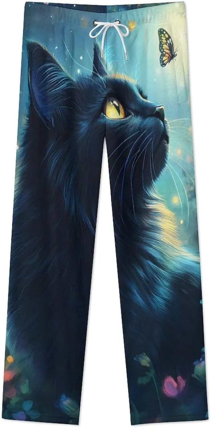 Moonlight Cat Women's Pajama Pants Fleece Warm Pj Bottoms Sleepwear Lounge Pants Loungewear