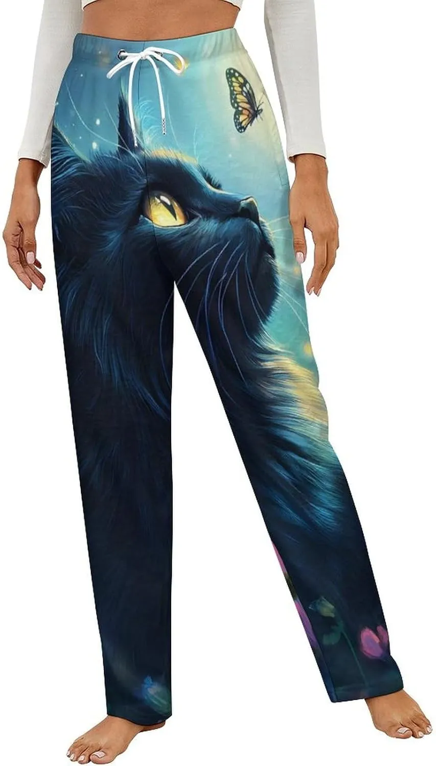Moonlight Cat Women's Pajama Pants Fleece Warm Pj Bottoms Sleepwear Lounge Pants Loungewear