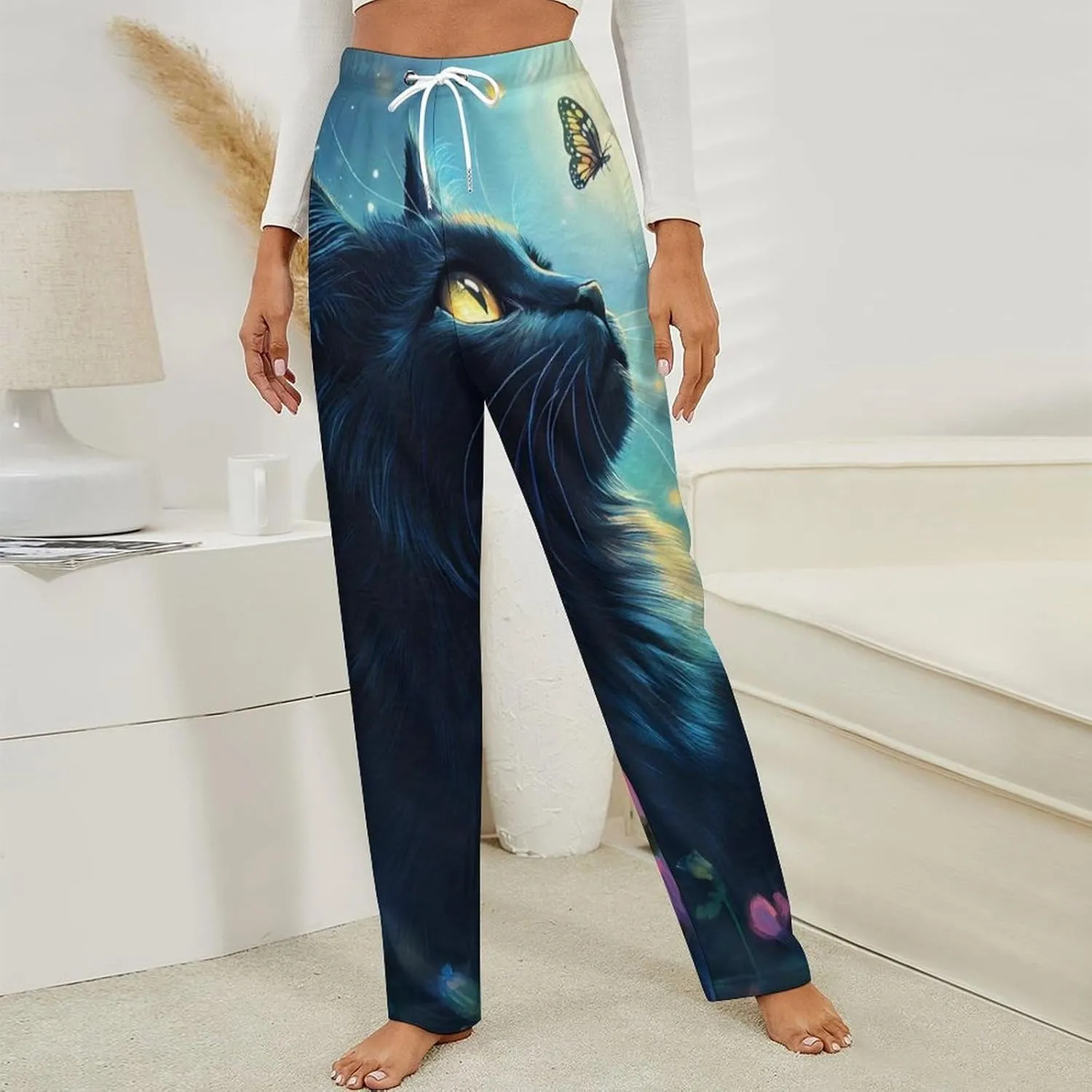 Moonlight Cat Women's Pajama Pants Fleece Warm Pj Bottoms Sleepwear Lounge Pants Loungewear