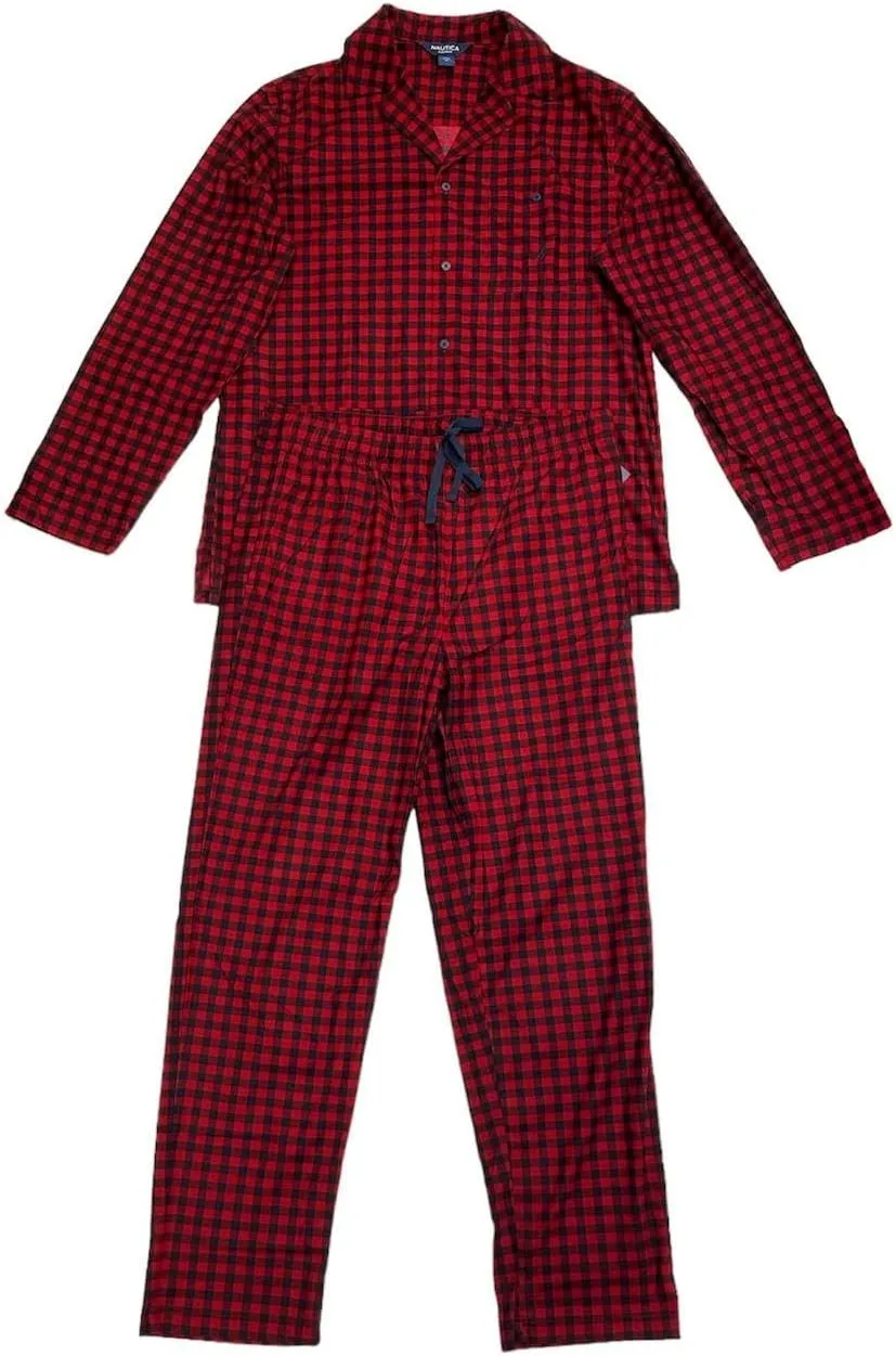 Nautica Men's Ultra Soft Fleece Plaid Lounge Pajama Set Cozy Shirt and Pants PJ Nightwear (L, Red/navy)