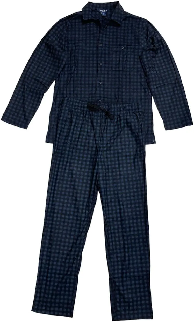 Nautica Men's Ultra Soft Fleece Plaid Lounge Pajama Set Cozy Shirt and Pants PJ Nightwear (M, Navy/black)
