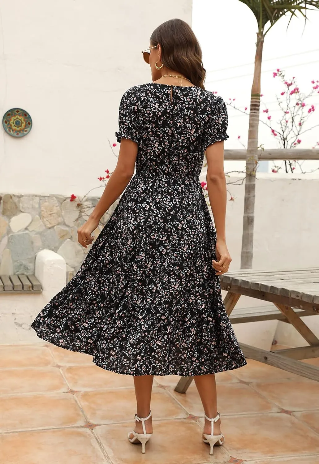 NAVINS Women Floral Print Puff Sleeve Tiered A-Line Swing Midi Dress with Pockets NA1002
