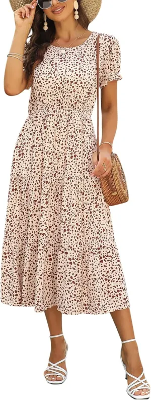 NAVINS Women Floral Print Puff Sleeve Tiered A-Line Swing Midi Dress with Pockets NA1002