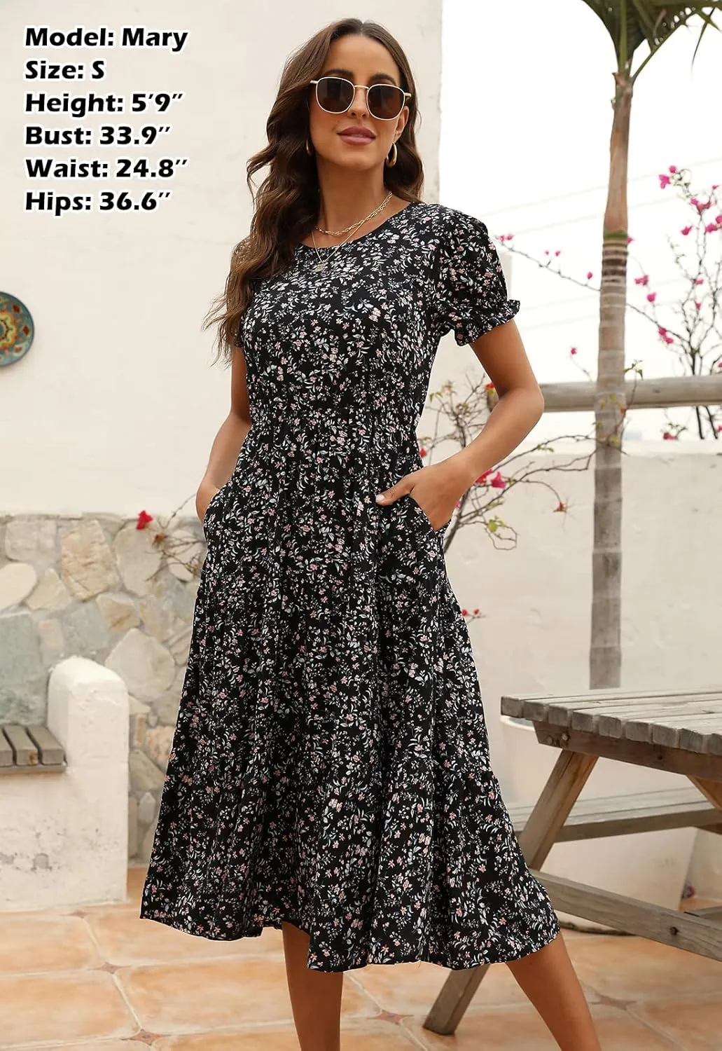 NAVINS Women Floral Print Puff Sleeve Tiered A-Line Swing Midi Dress with Pockets NA1002