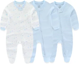 Newborn Baby Boy Girls Clothes 2-Way Zip Footed Cotton Bodysuit 3-Pack Long Sleeve Outfits 0-12Months Baby Pajamas