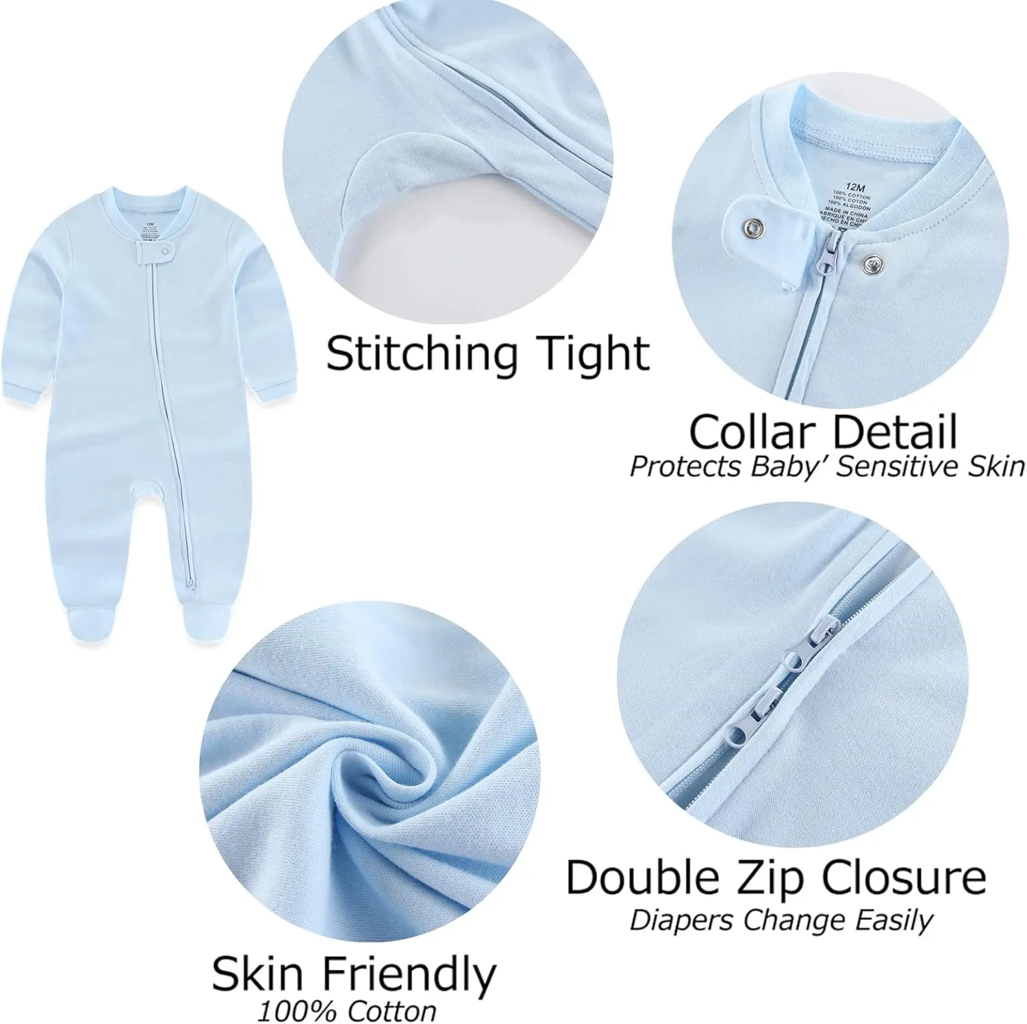 Newborn Baby Boy Girls Clothes 2-Way Zip Footed Cotton Bodysuit 3-Pack Long Sleeve Outfits 0-12Months Baby Pajamas