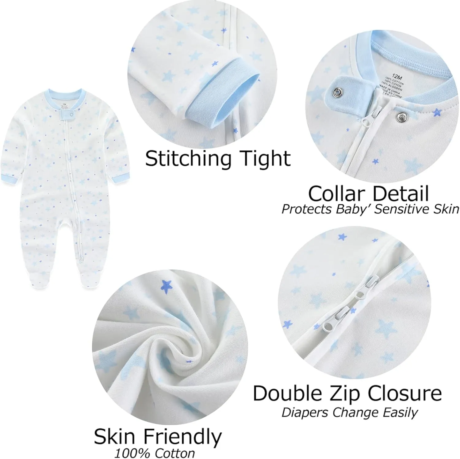 Newborn Baby Boy Girls Clothes 2-Way Zip Footed Cotton Bodysuit 3-Pack Long Sleeve Outfits 0-12Months Baby Pajamas