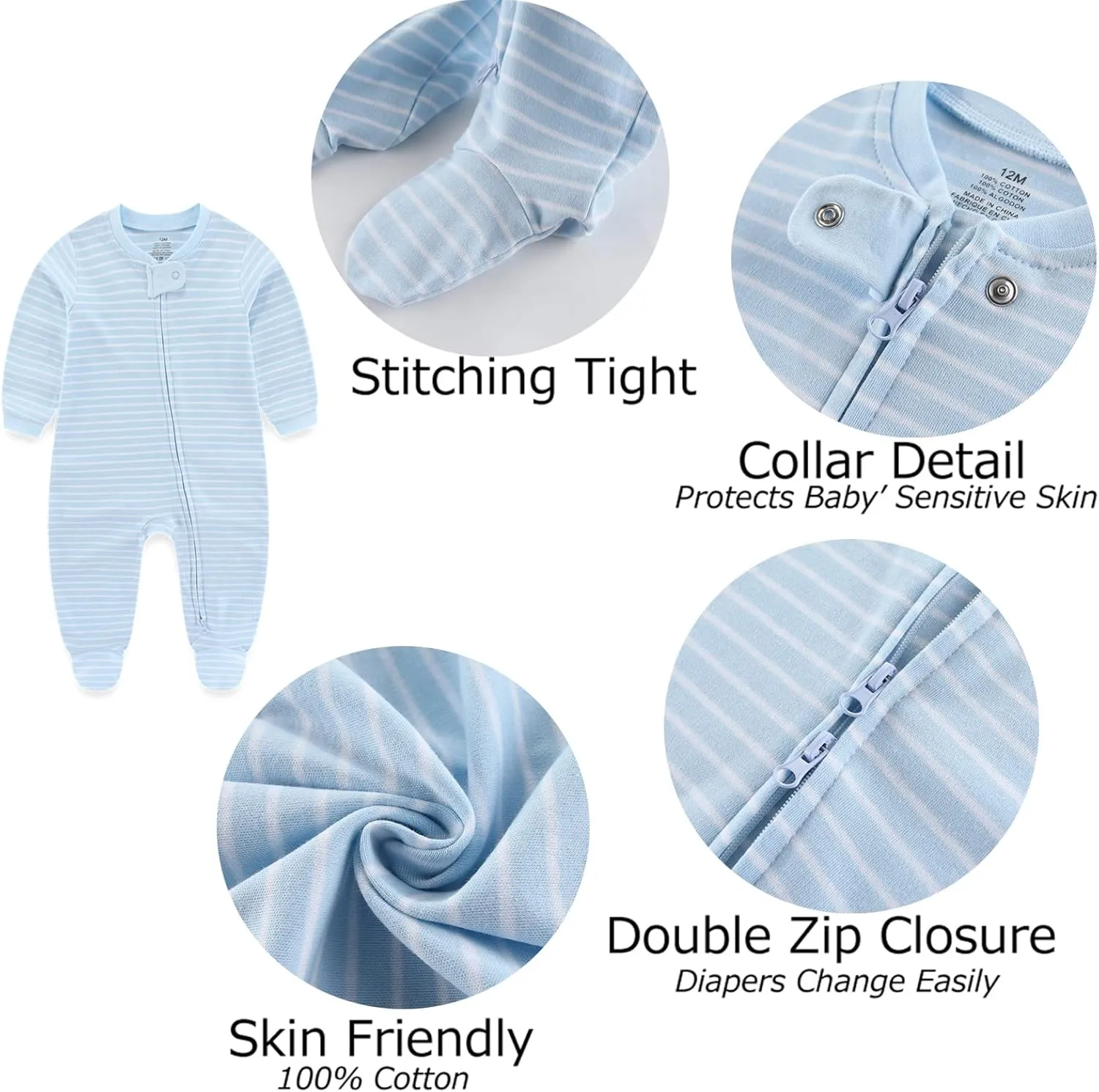 Newborn Baby Boy Girls Clothes 2-Way Zip Footed Cotton Bodysuit 3-Pack Long Sleeve Outfits 0-12Months Baby Pajamas
