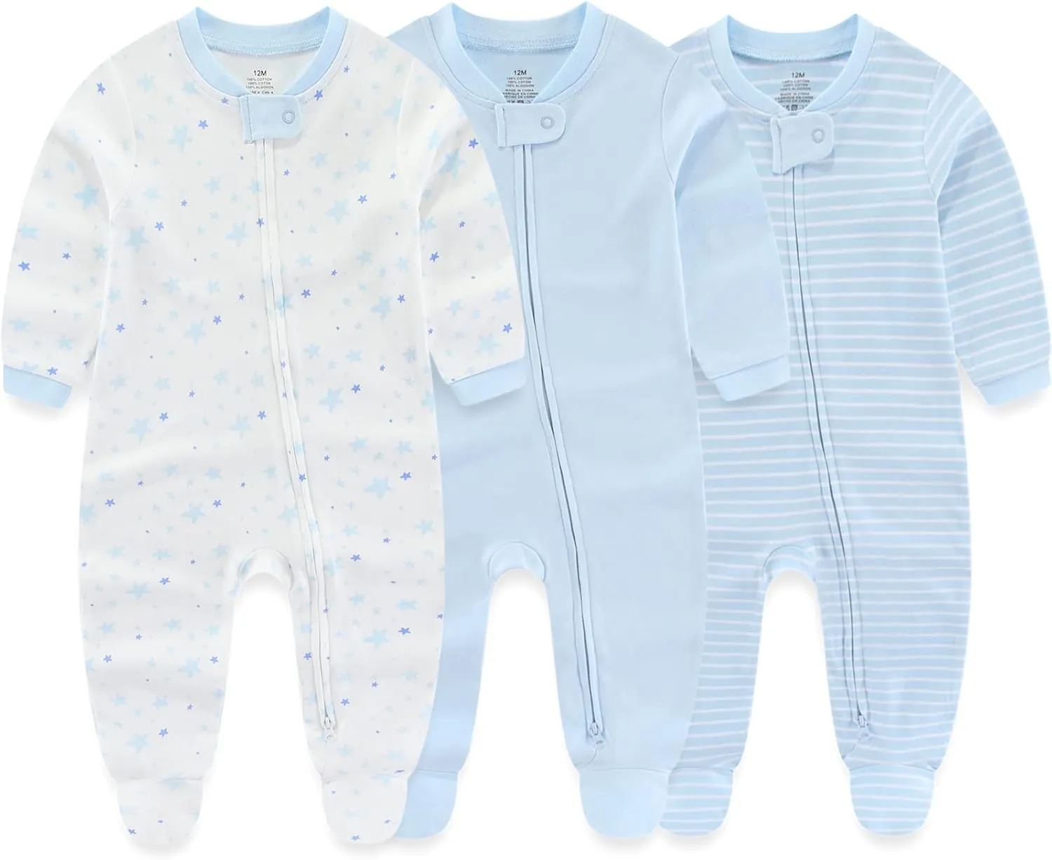 Newborn Baby Boy Girls Clothes 2-Way Zip Footed Cotton Bodysuit 3-Pack Long Sleeve Outfits 0-12Months Baby Pajamas