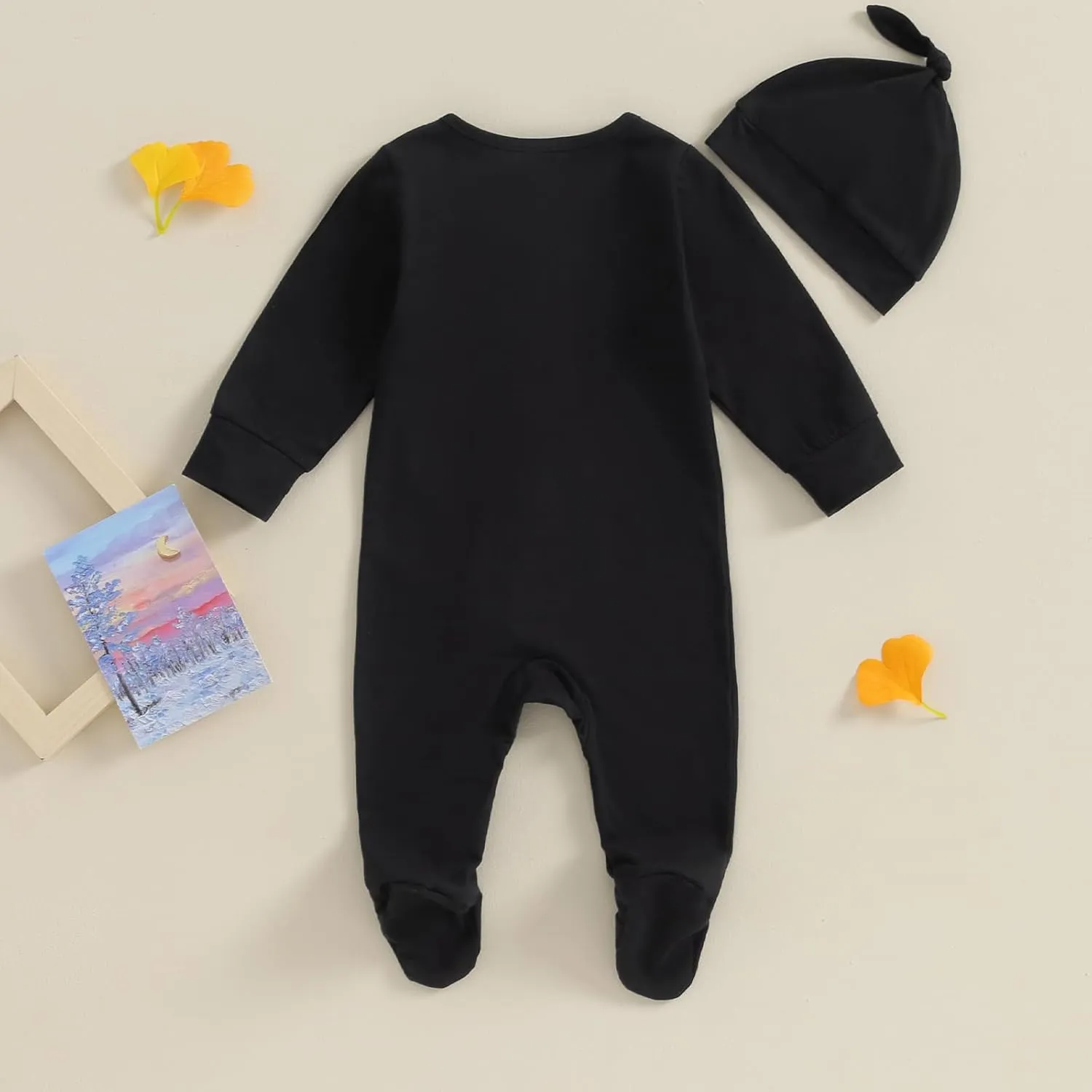 Newborn Baby Girl Boy Clothes Infant Long Sleeve Soild Footed Romper Zipper Footie Jumpsuit With Hat Fall Outfit