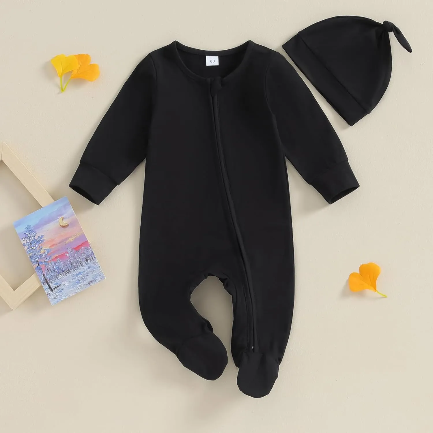 Newborn Baby Girl Boy Clothes Infant Long Sleeve Soild Footed Romper Zipper Footie Jumpsuit With Hat Fall Outfit