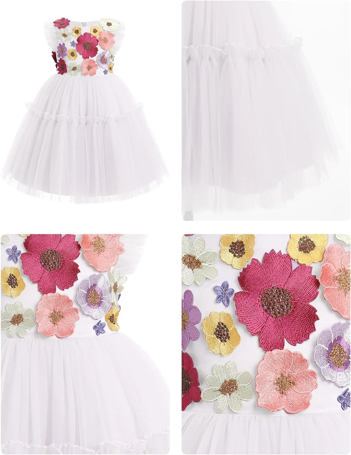 OBEEII Toddler Girls 3D Flower Tulle Dress Wedding Flower Girl Dress Birthday Party Formal Baptism Pageant Ball Gown