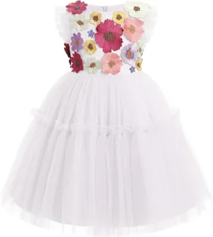 OBEEII Toddler Girls 3D Flower Tulle Dress Wedding Flower Girl Dress Birthday Party Formal Baptism Pageant Ball Gown