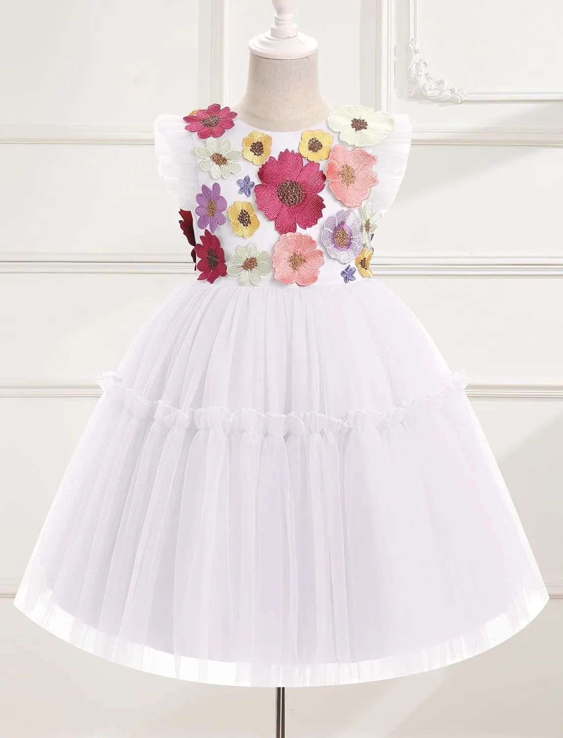 OBEEII Toddler Girls 3D Flower Tulle Dress Wedding Flower Girl Dress Birthday Party Formal Baptism Pageant Ball Gown