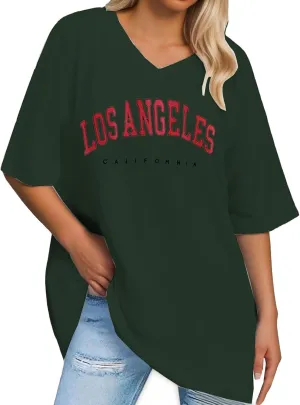 Oversize T Shirt Women's Print Short Sleeve Round Neck Vintage V Neck Tops Casual Loose Basic Summer Tee Summer