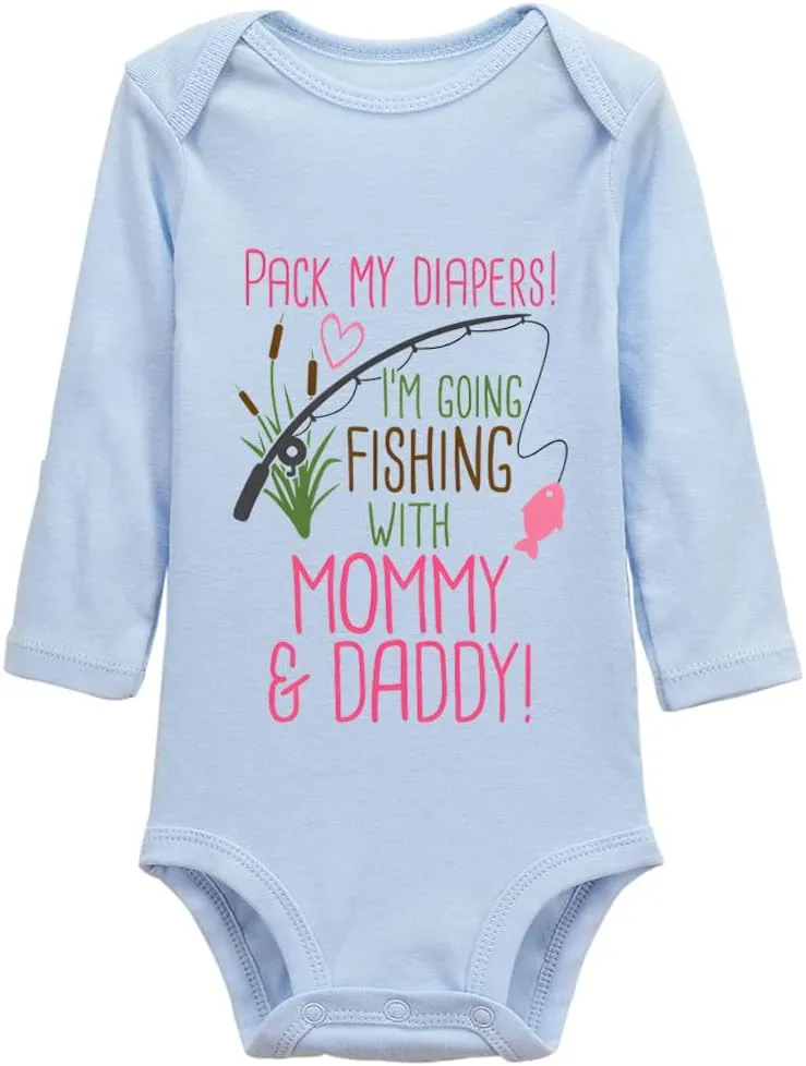 Pack My Diapers Im Going Fishing with Mommy and Daddy Baby Newborn Organic Bodysuit